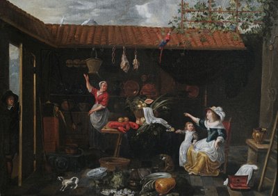 Interior View of a Courtyard with Kitchen Supplies, Utensils, Maid, and Mistress by Jan van Buken